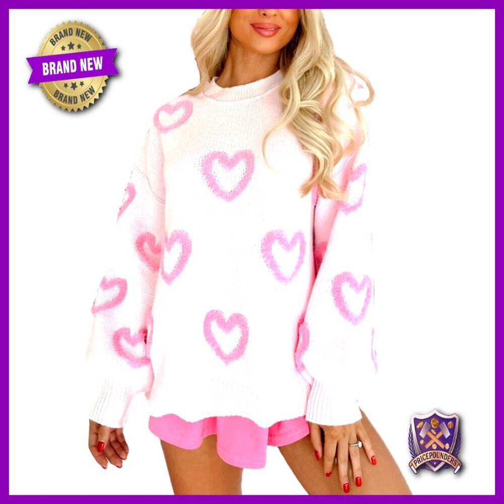 Oversized Heart Print Sweater, Polyester Blend, Long Sleeve Pullover, Valentine